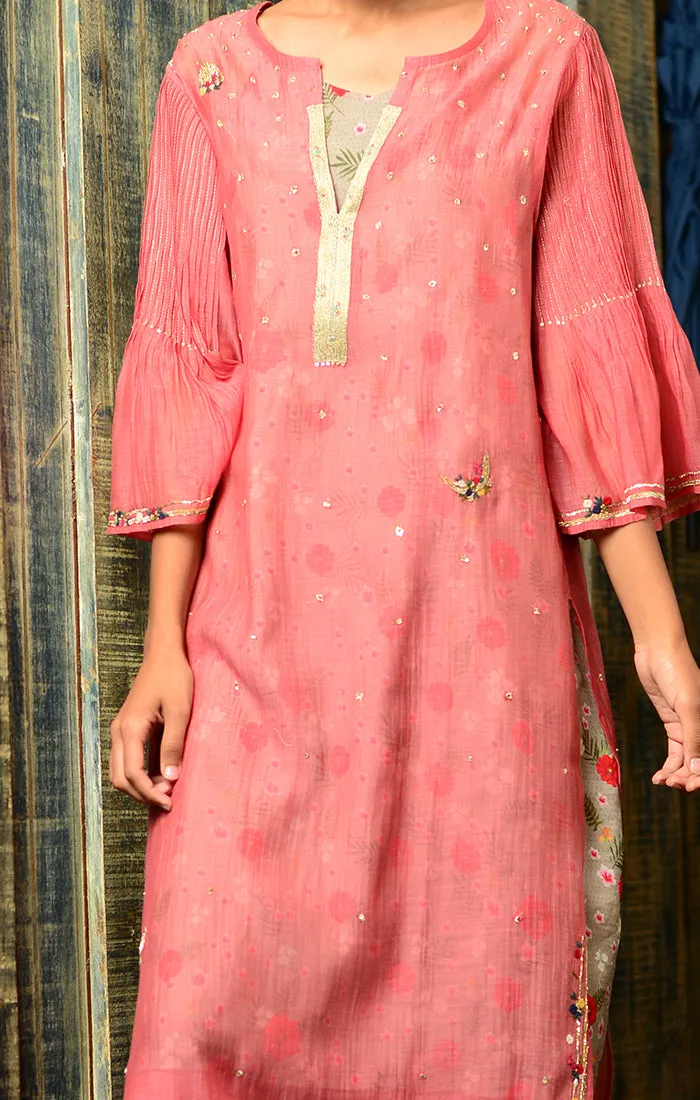 Pale Red Kurta with Pants and Printed Slip Dress