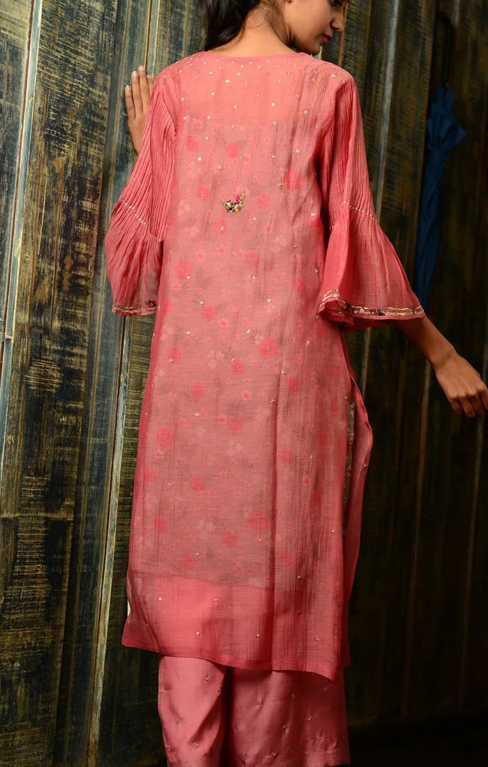 Pale Red Kurta with Pants and Printed Slip Dress