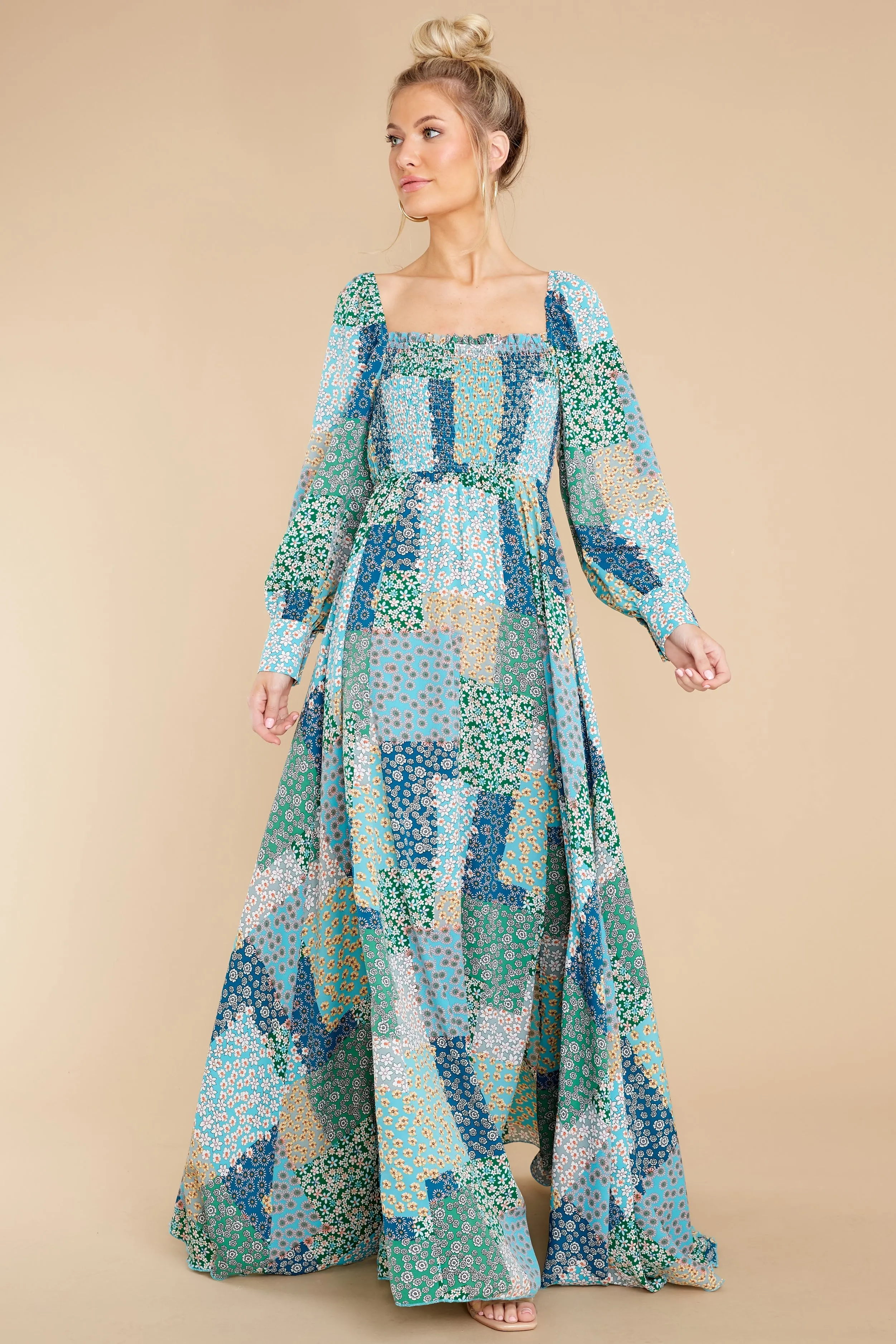 Patchwork Posies Green Floral Print Maxi Dress