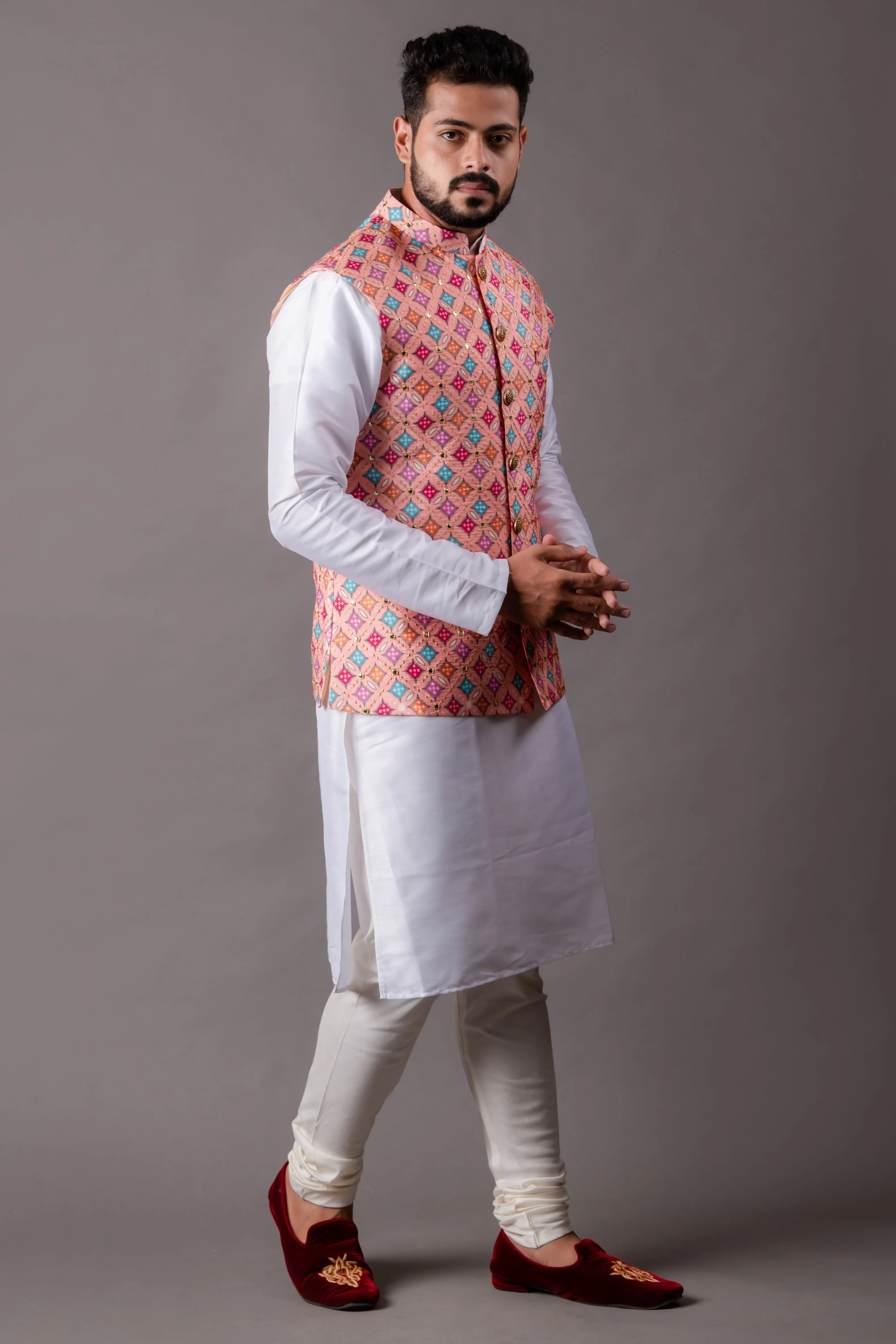 Pink Jacket Set With Kurta And Chudidar