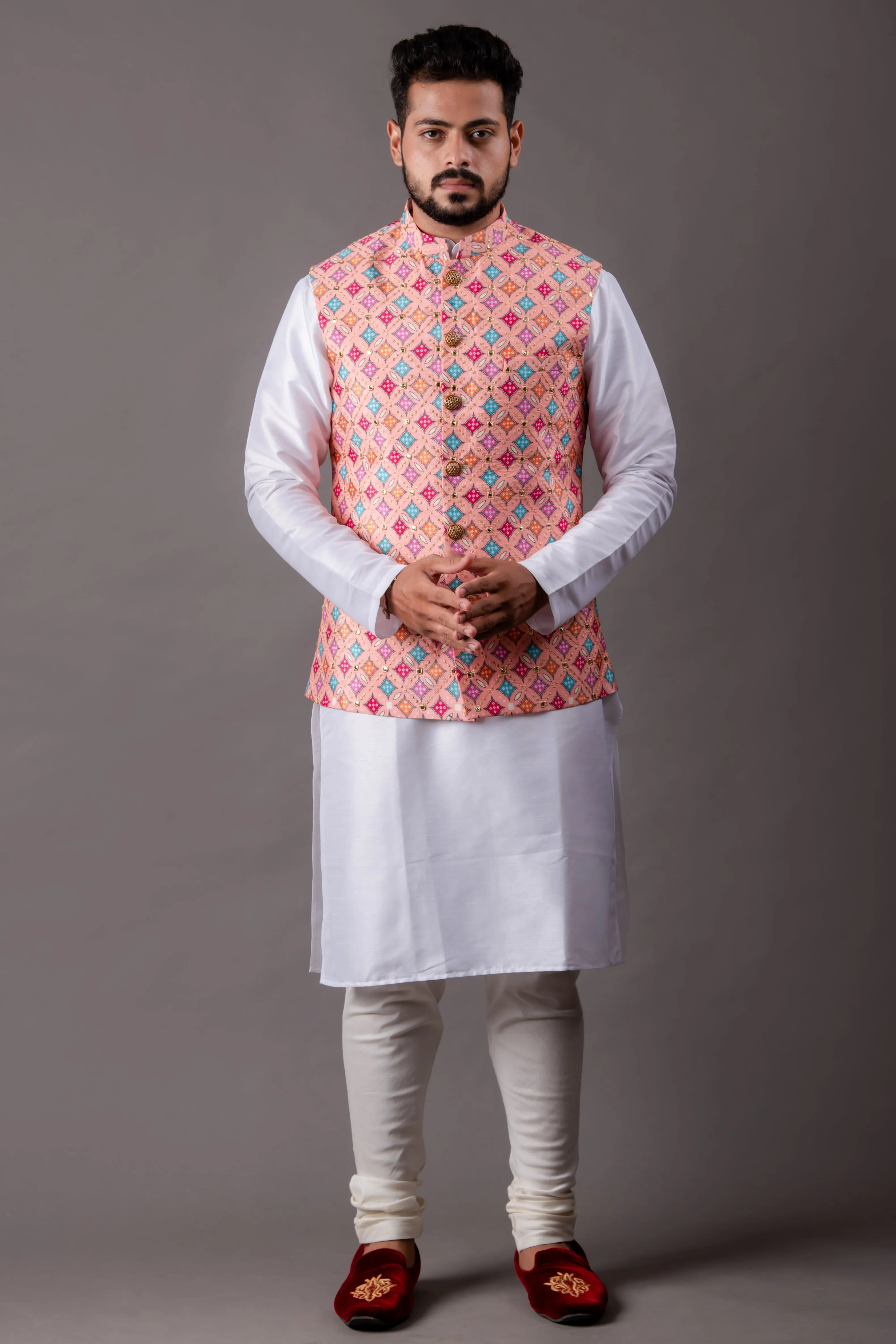 Pink Jacket Set With Kurta And Chudidar