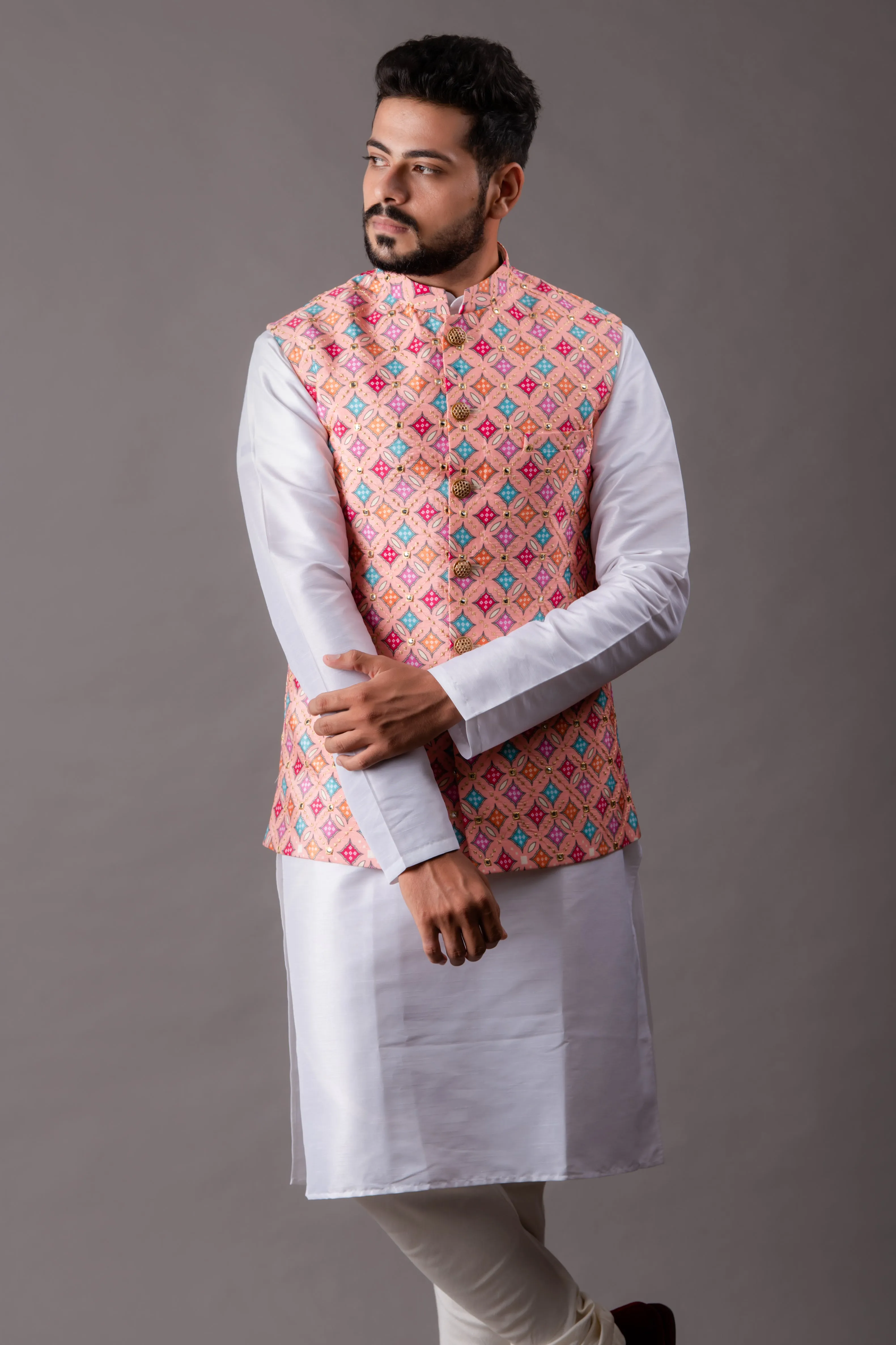 Pink Jacket Set With Kurta And Chudidar