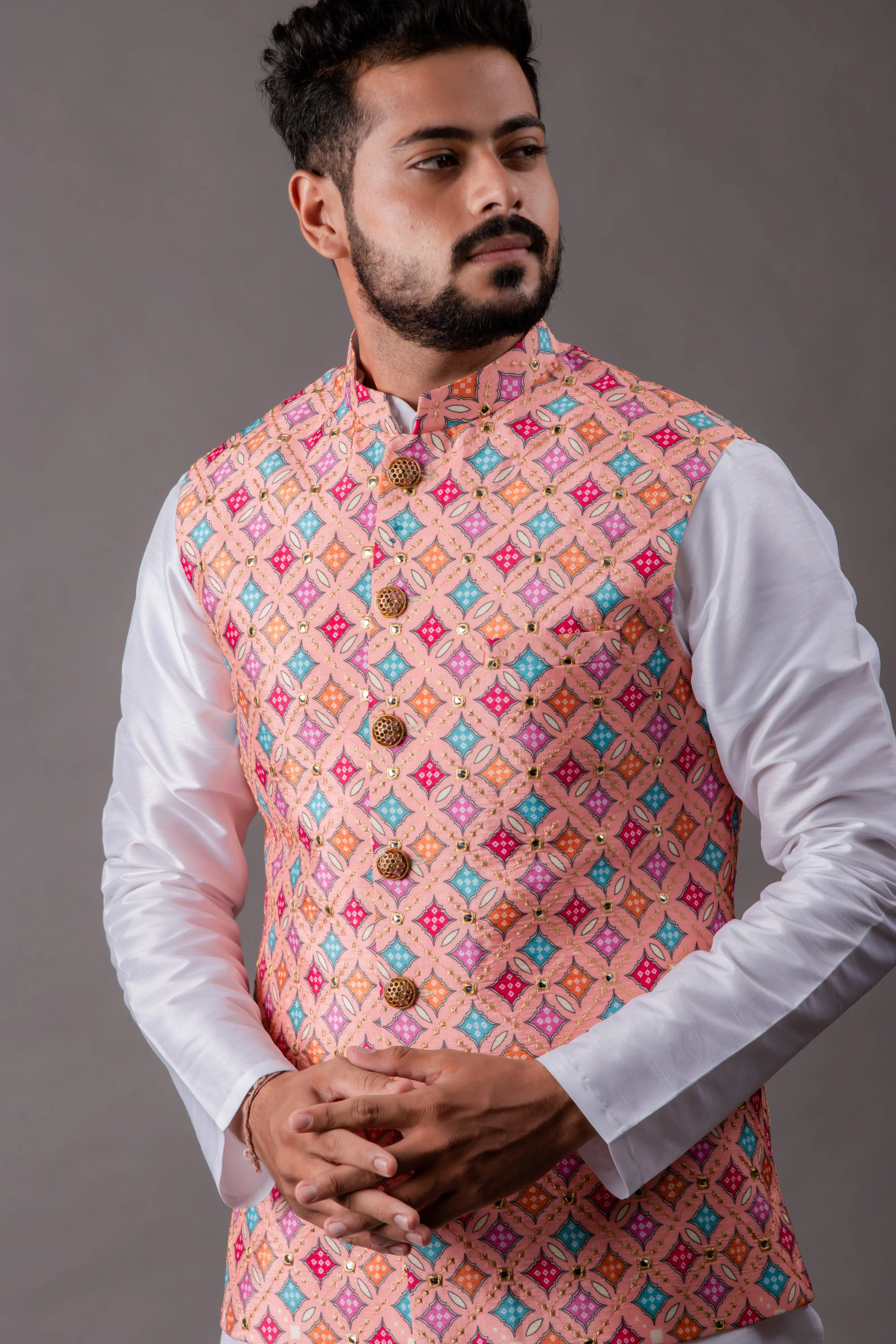 Pink Jacket Set With Kurta And Chudidar