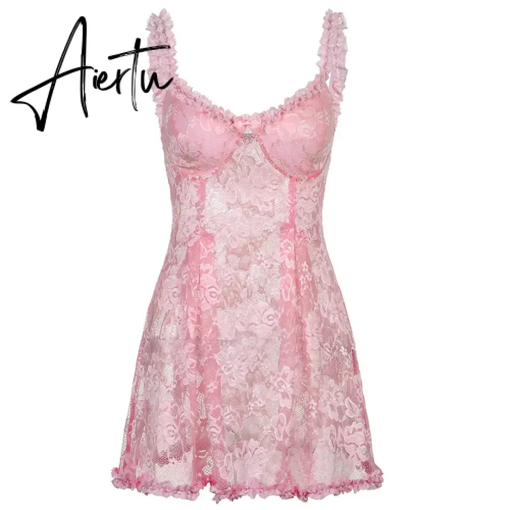 Pink Lace Dress Woman Sexy See Through Slip Dresses Kawaii Clothes Lady Girls A Line Dress Night Club Outfits Slim Empire Waist