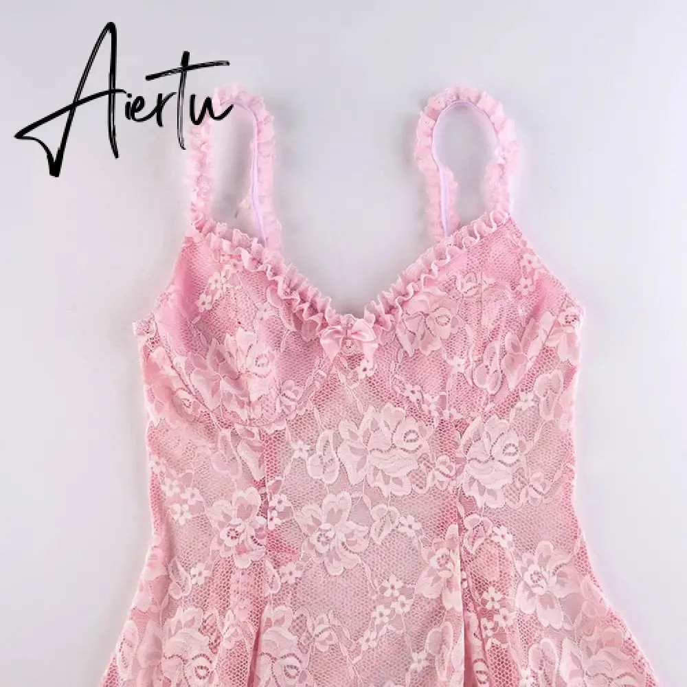 Pink Lace Dress Woman Sexy See Through Slip Dresses Kawaii Clothes Lady Girls A Line Dress Night Club Outfits Slim Empire Waist