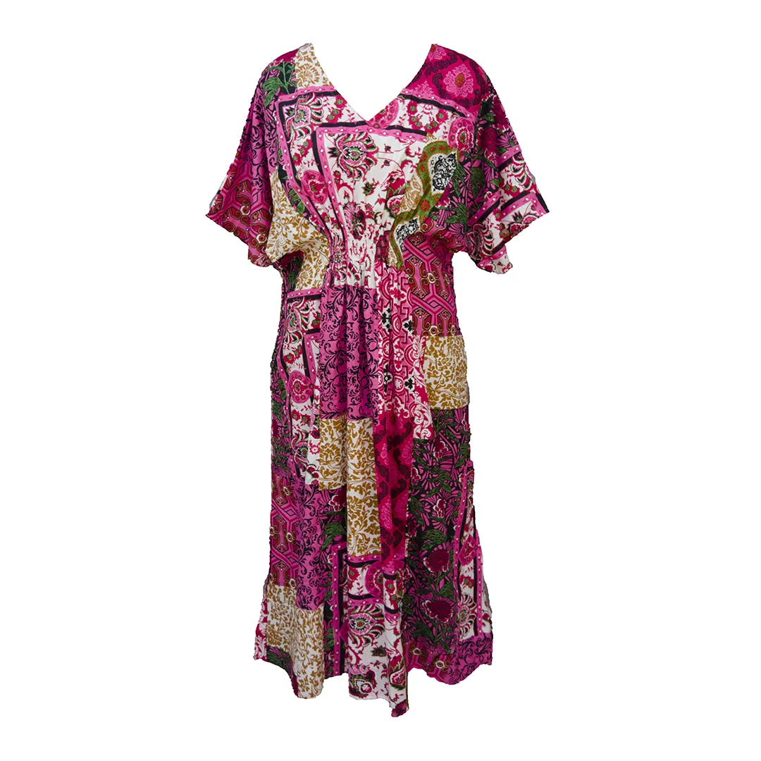 Pink Patchwork Print Cotton Smocked Maxi Dress Size 16-32 P242