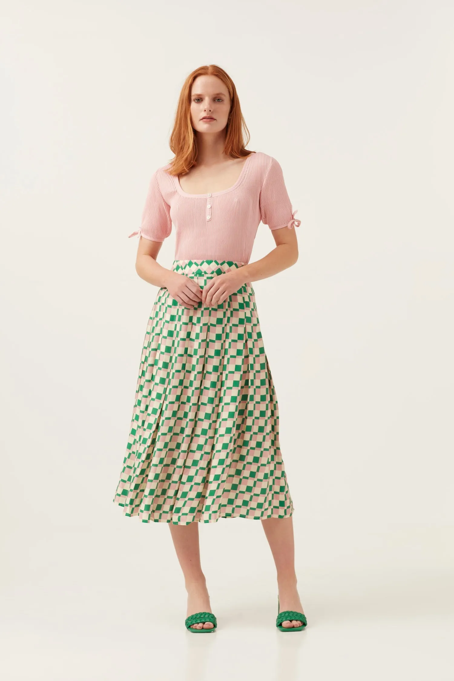 Pink/Green  Checkerboard Midi Skirt