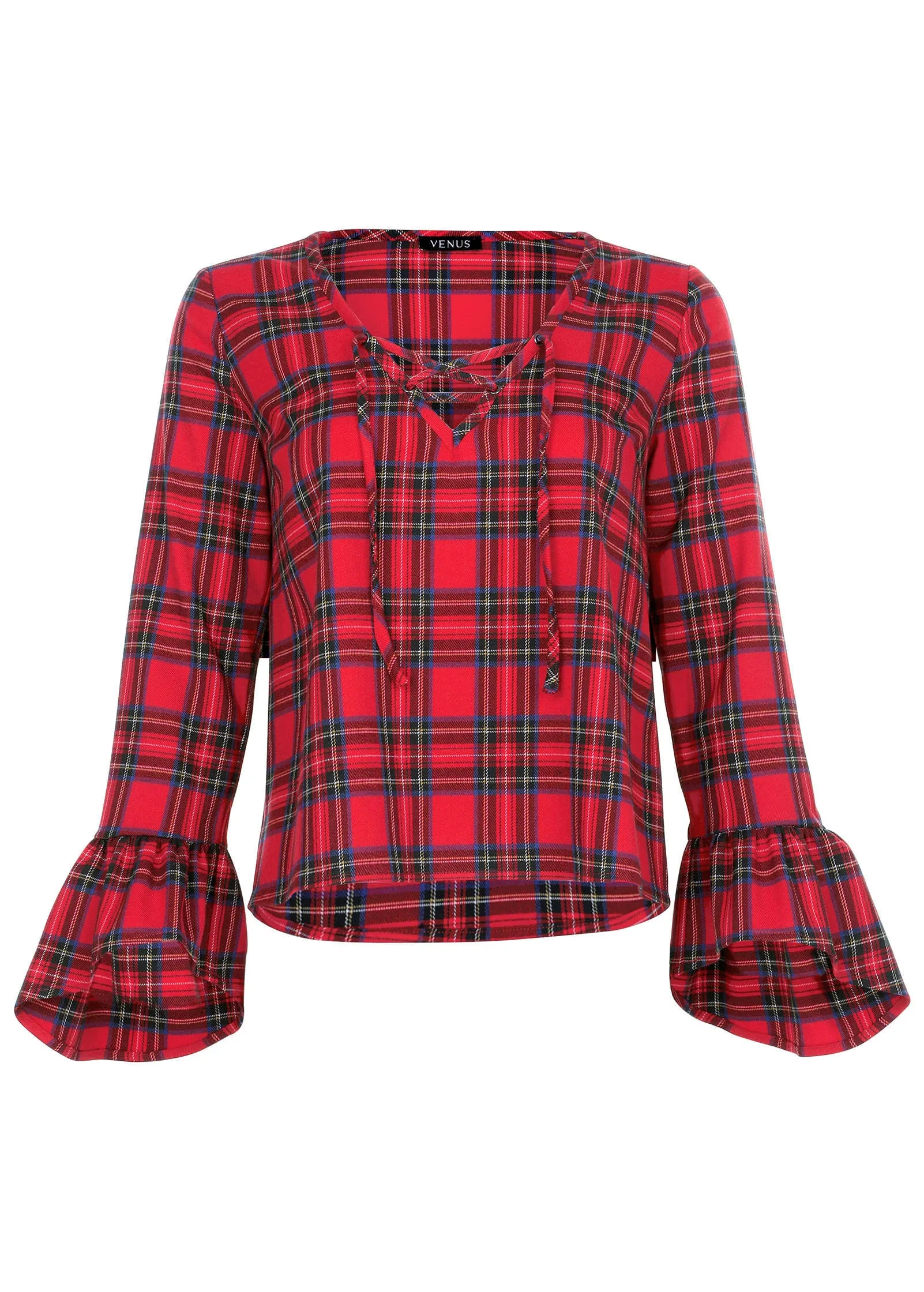 Plaid Ruffle Sleeve Top - Racing Red Multi