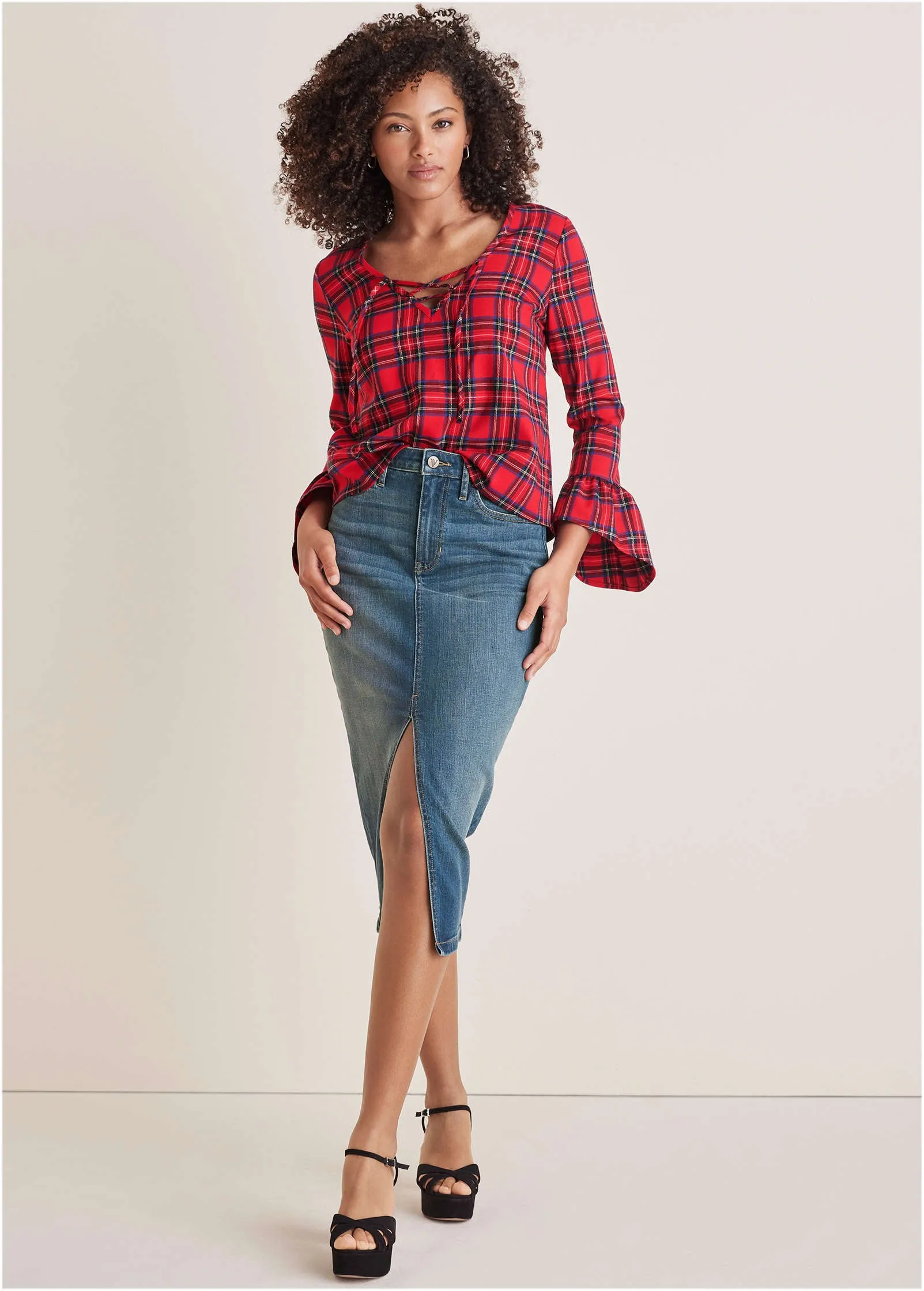 Plaid Ruffle Sleeve Top - Racing Red Multi