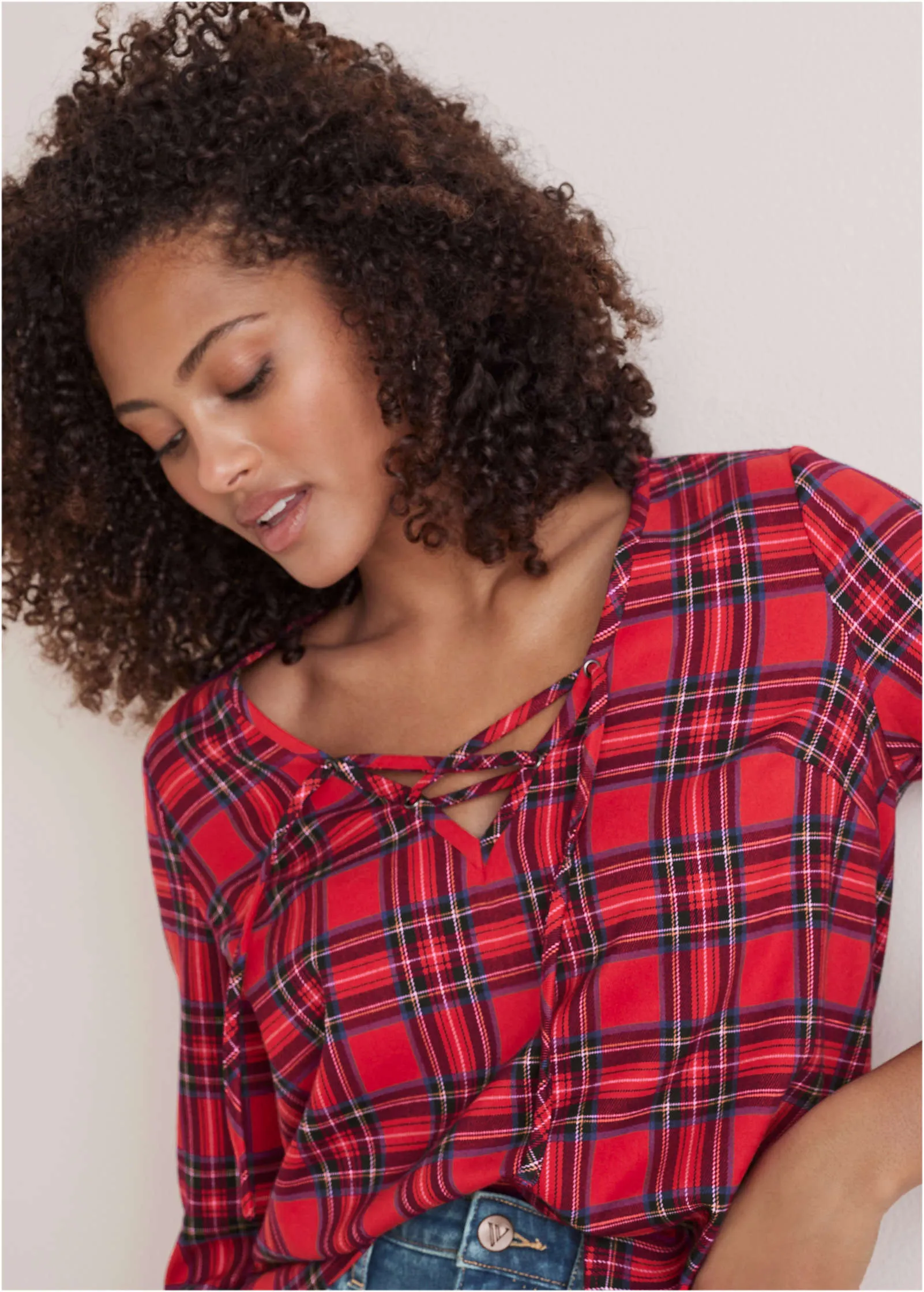 Plaid Ruffle Sleeve Top - Racing Red Multi