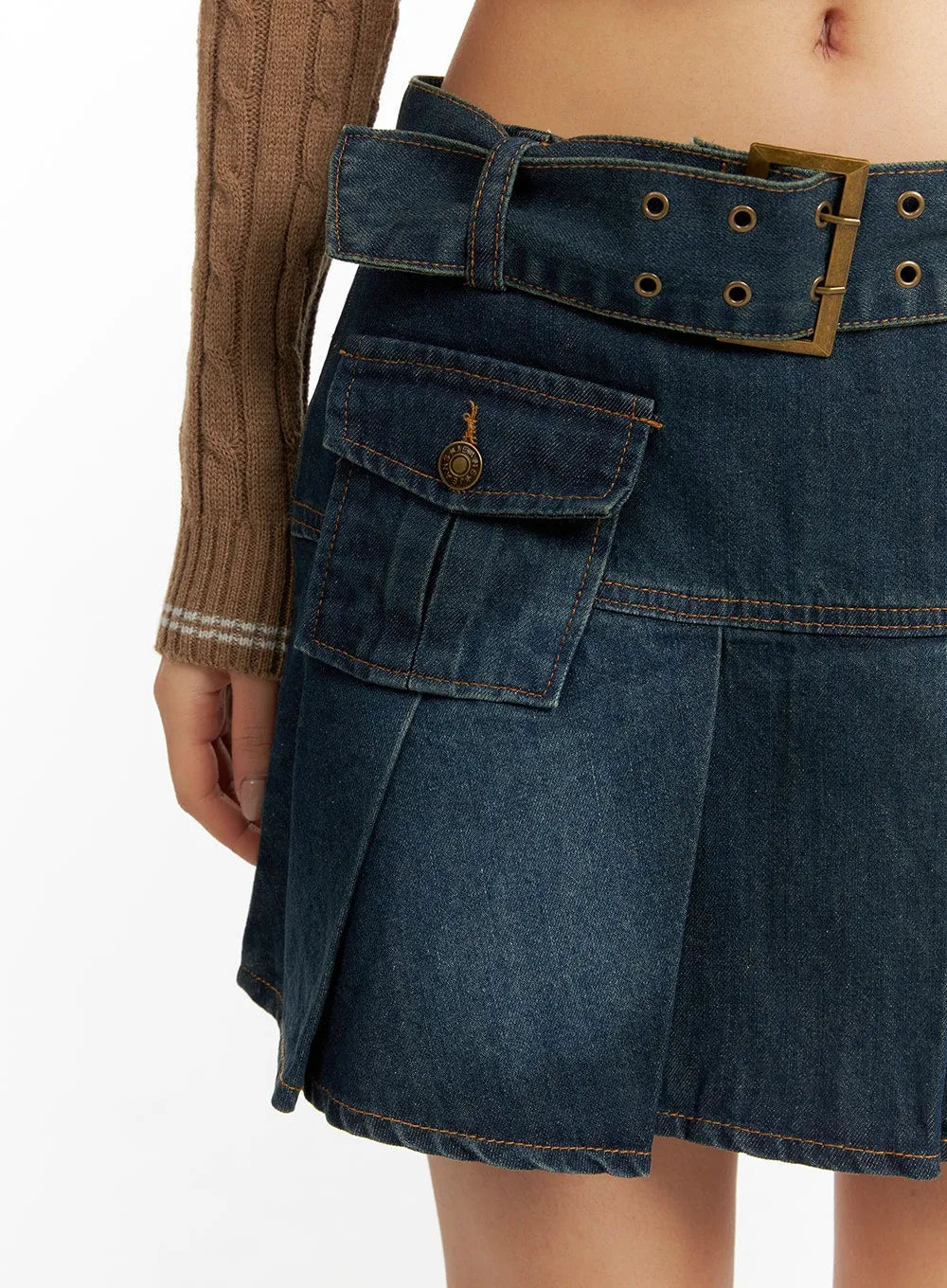 Pleated Denim Mini Skirt with Belt CF426