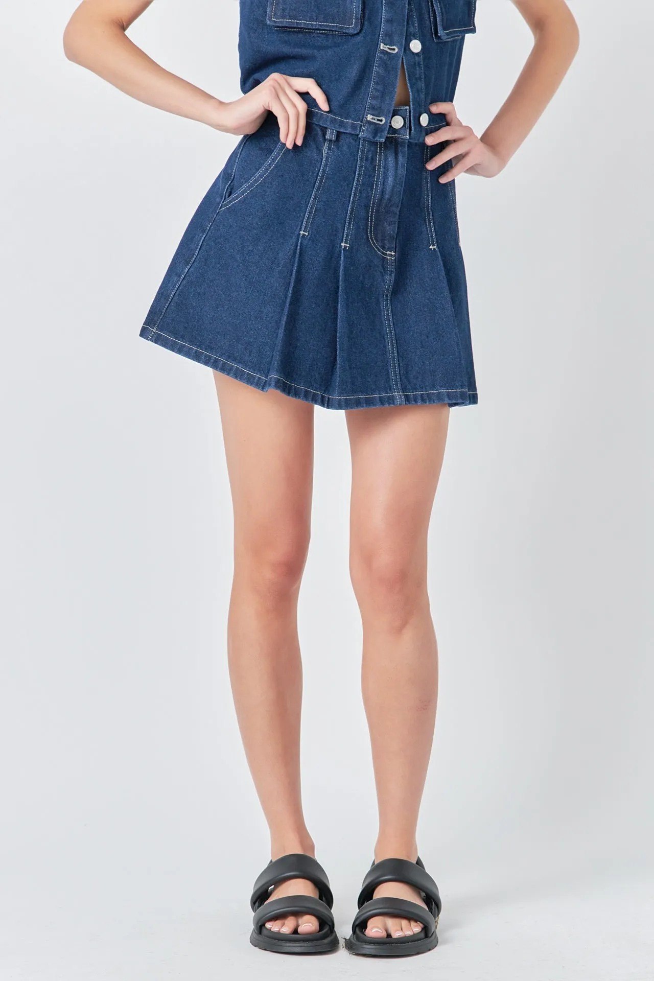 Pleated Denim Mini Skirt