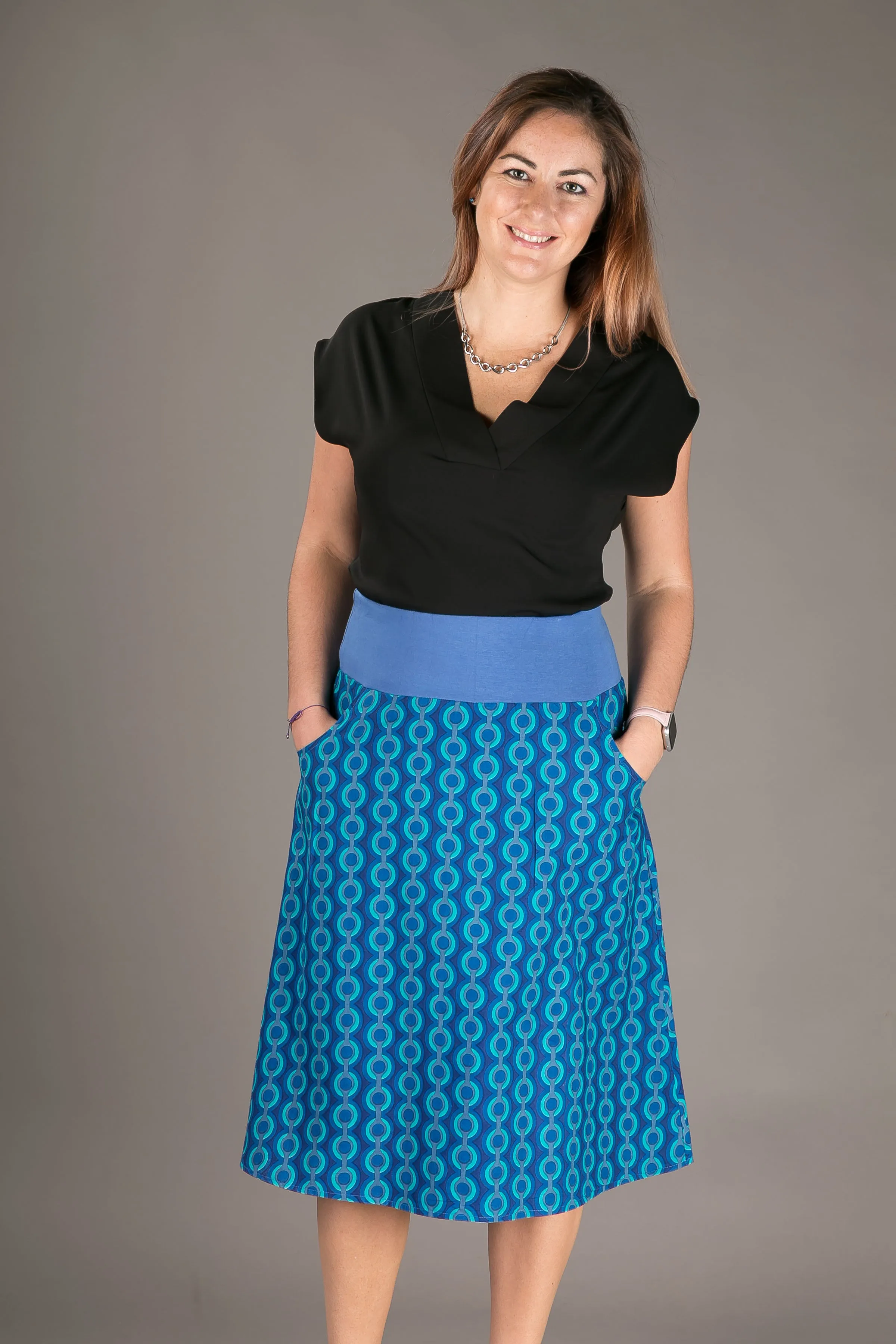 Reversible Midi Skirt Blue Floral Geometric Print with Pockets