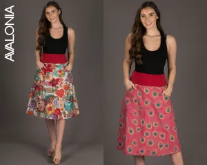 Reversible Midi Skirt Peacock Floral Print with Pockets