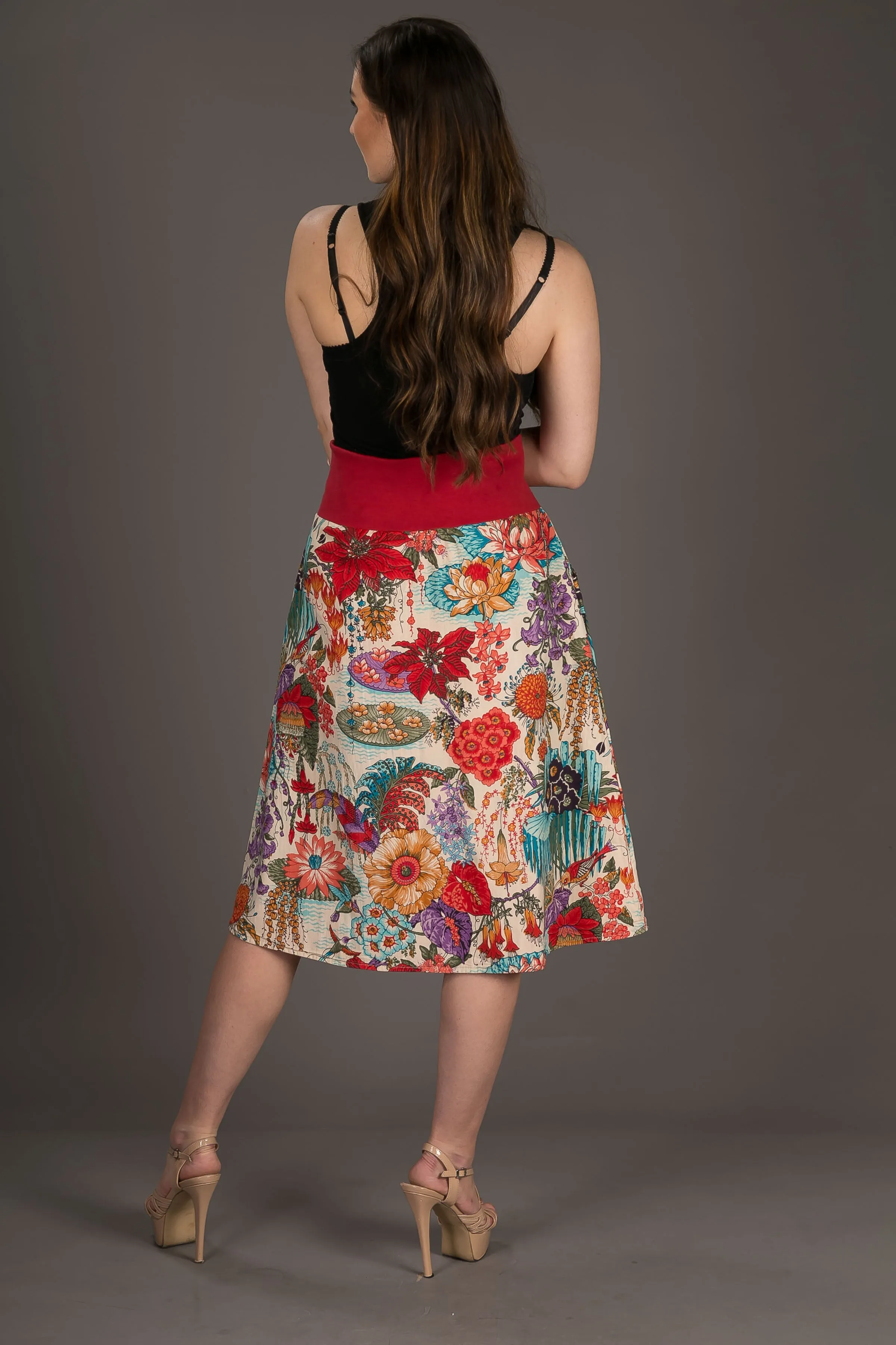 Reversible Midi Skirt Peacock Floral Print with Pockets