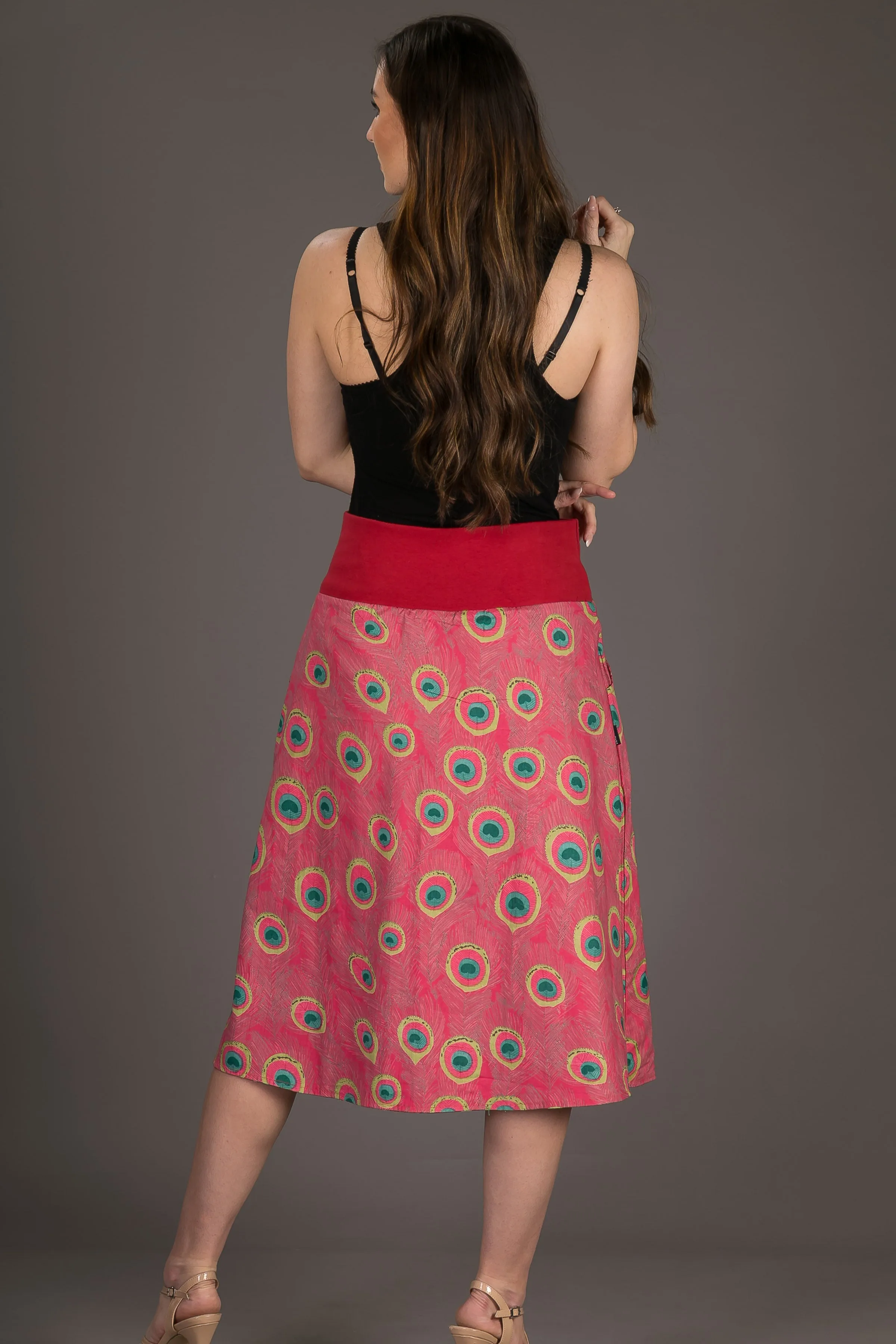 Reversible Midi Skirt Peacock Floral Print with Pockets