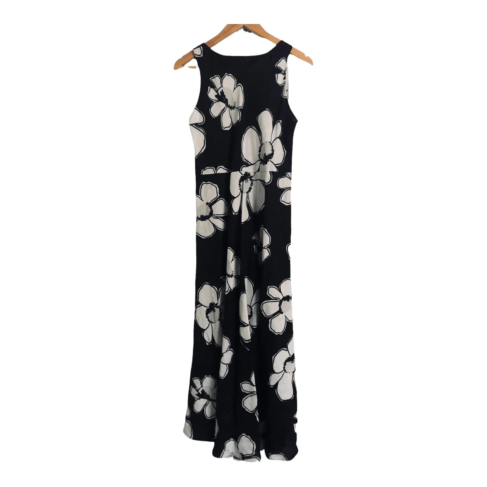 Rosso 100% Linen Sleeveless Maxi Dress Black White Floral Print BNWT UK Size 10