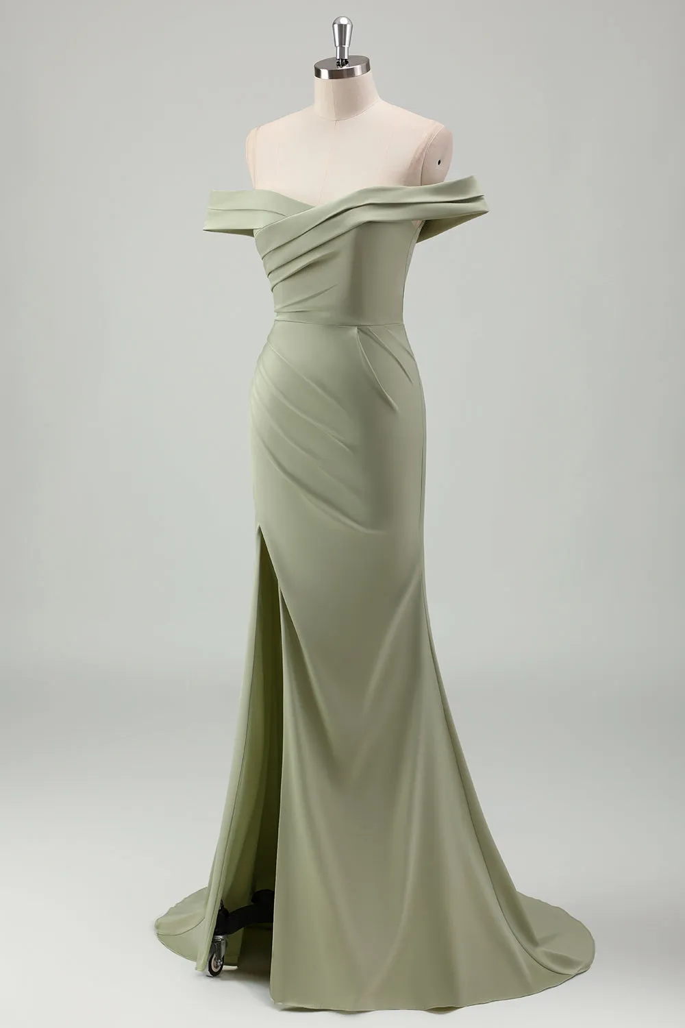 Sage Off the Shoulder Ruched Mermaid Maxi Prom Dress with Slit