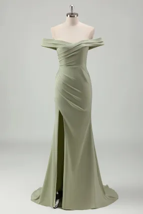 Sage Off the Shoulder Ruched Mermaid Maxi Prom Dress with Slit