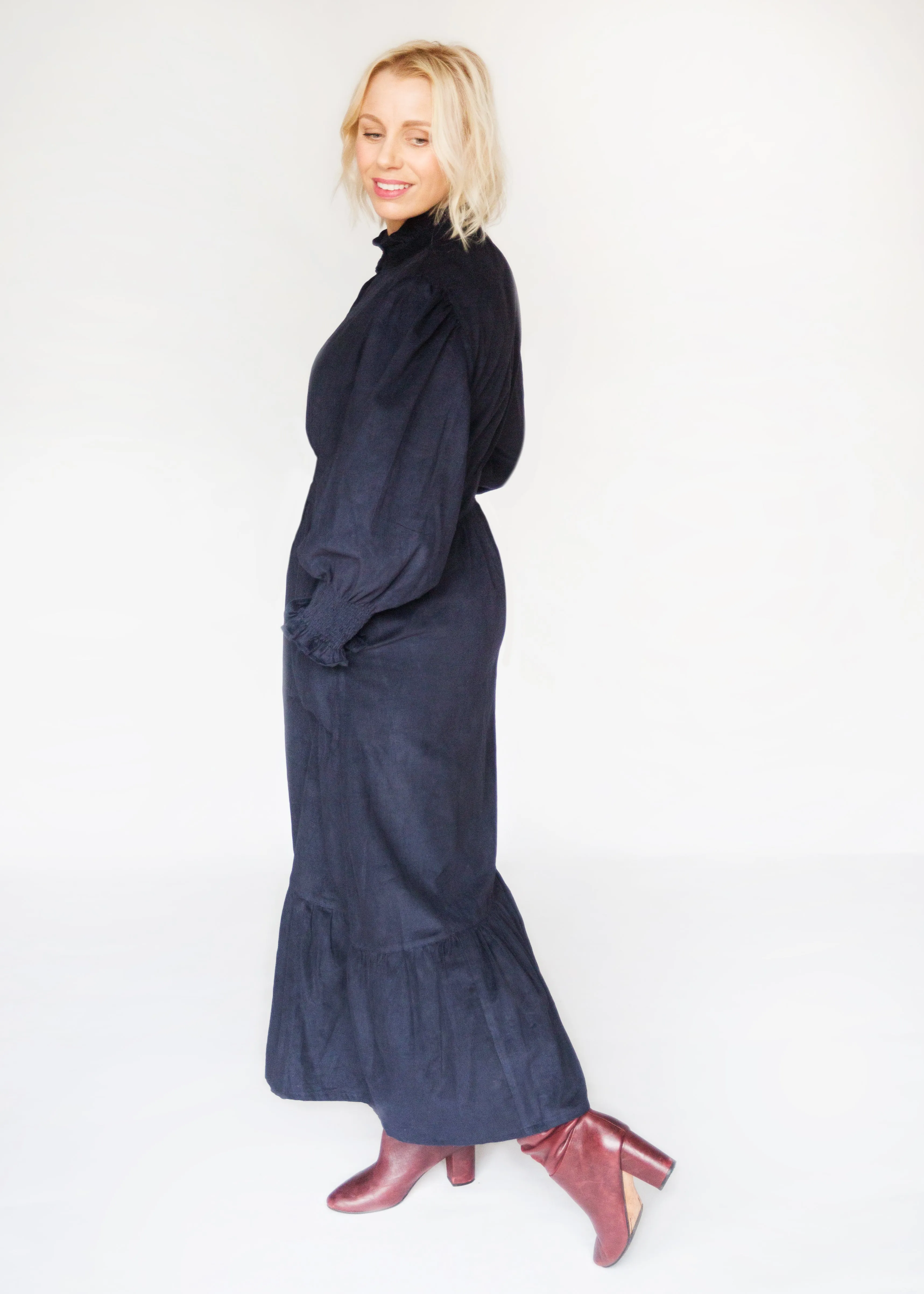 SALE The Sylvie, Deep Navy Blue Corduroy Dress with Block Print Lining