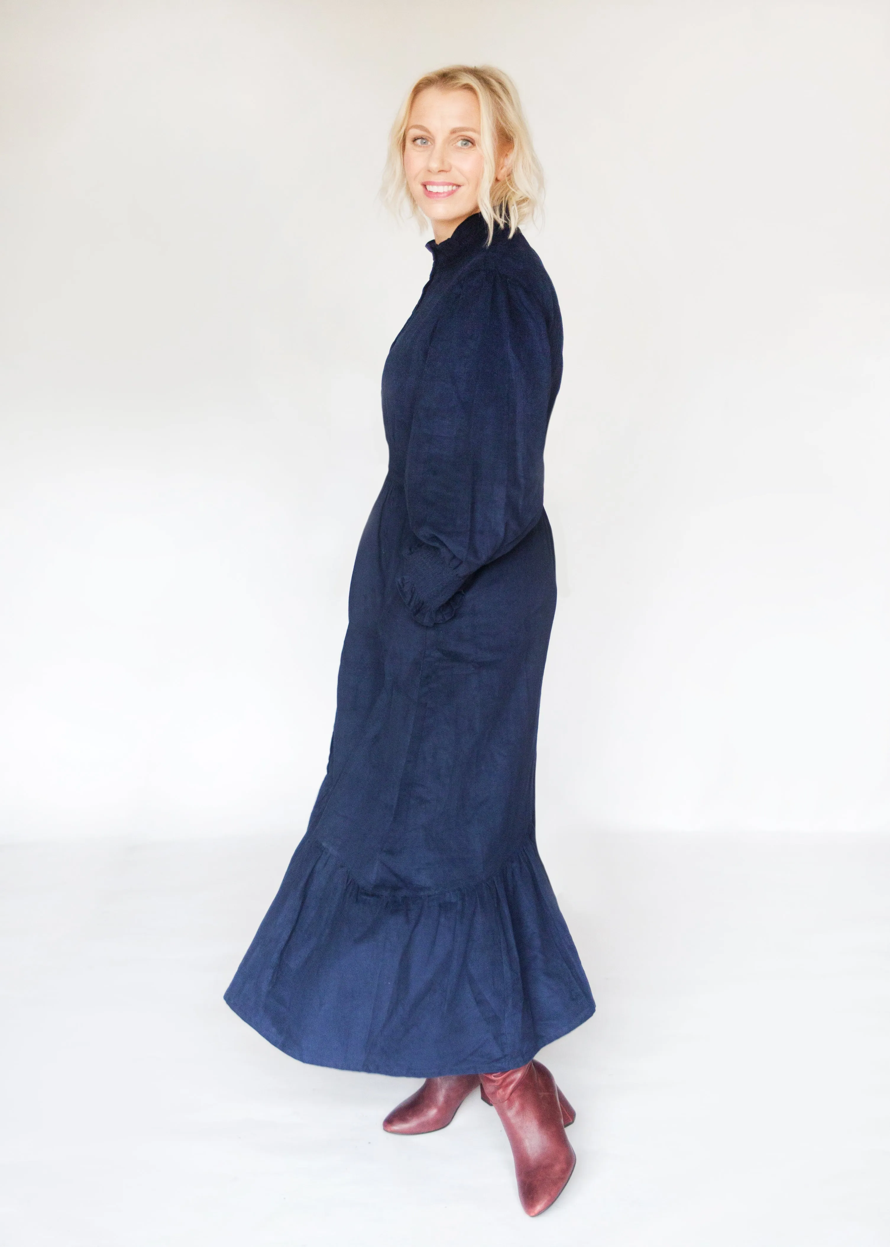 SALE The Sylvie, Deep Navy Blue Corduroy Dress with Block Print Lining