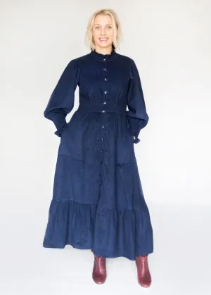 SALE The Sylvie, Deep Navy Blue Corduroy Dress with Block Print Lining