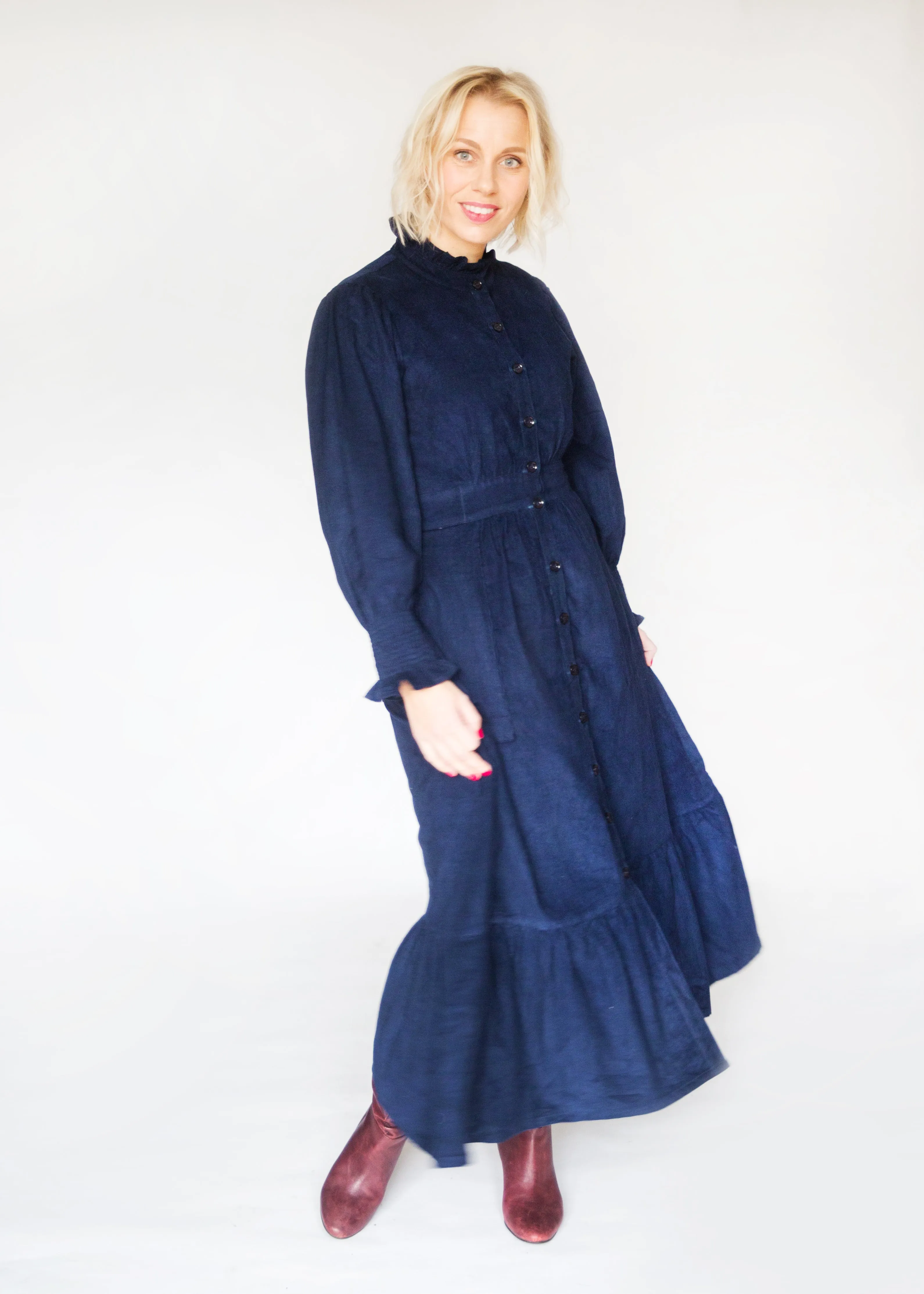 SALE The Sylvie, Deep Navy Blue Corduroy Dress with Block Print Lining