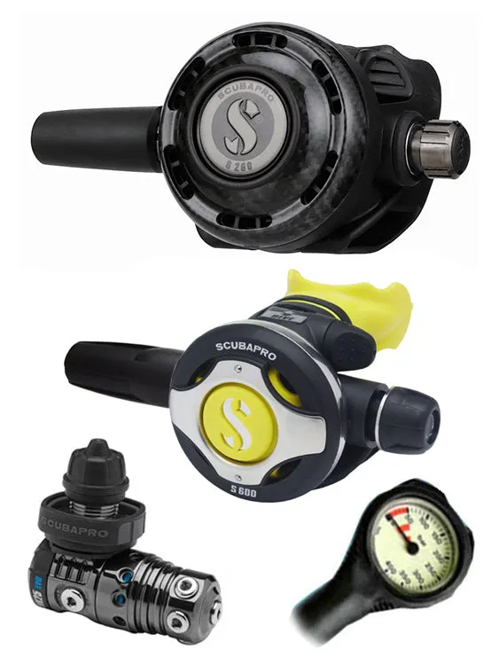 Scubapro Regulator Set: MK25 Evo Black Tech (DIN or Yoke) / G260 Carbon / Octopus & Free Termo Gauge