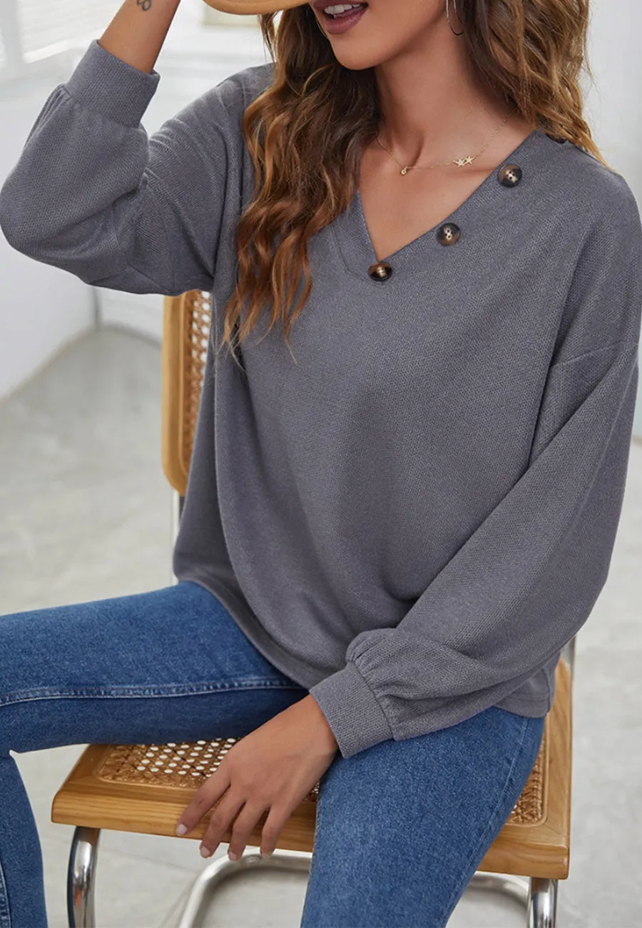 Solid Contrast Button Detail Sweater