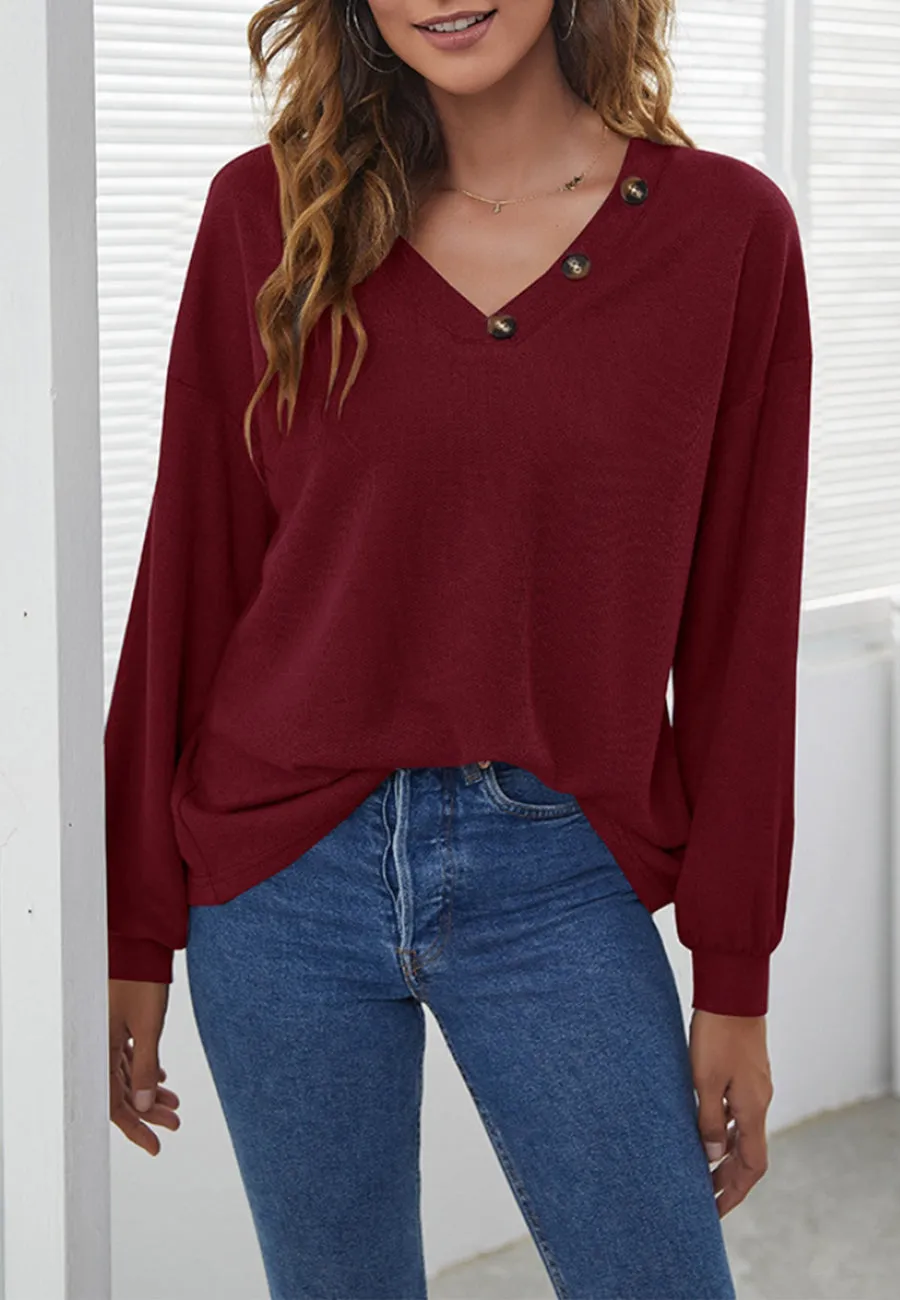 Solid Contrast Button Detail Sweater