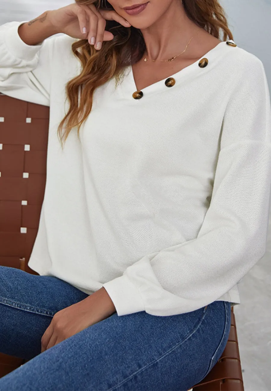 Solid Contrast Button Detail Sweater