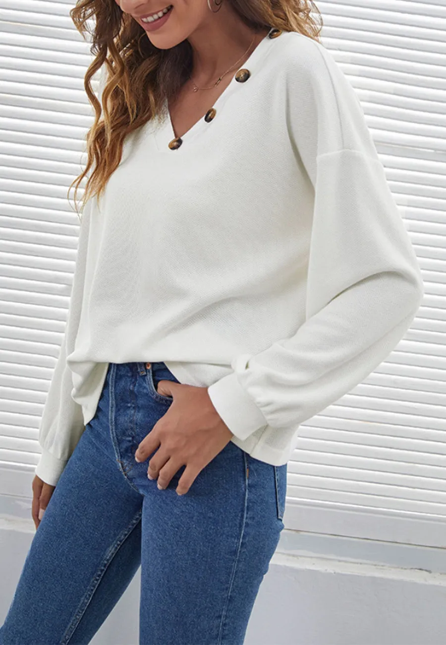 Solid Contrast Button Detail Sweater