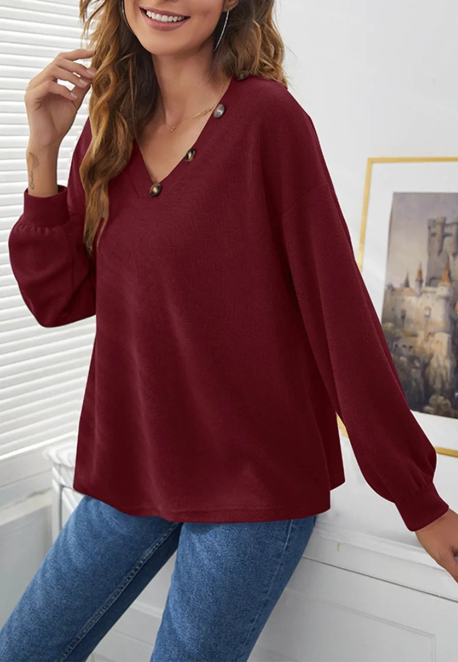 Solid Contrast Button Detail Sweater