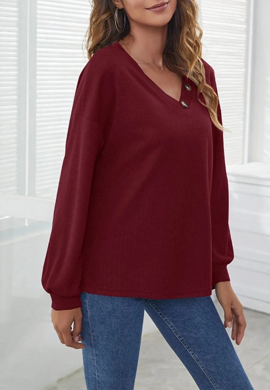 Solid Contrast Button Detail Sweater