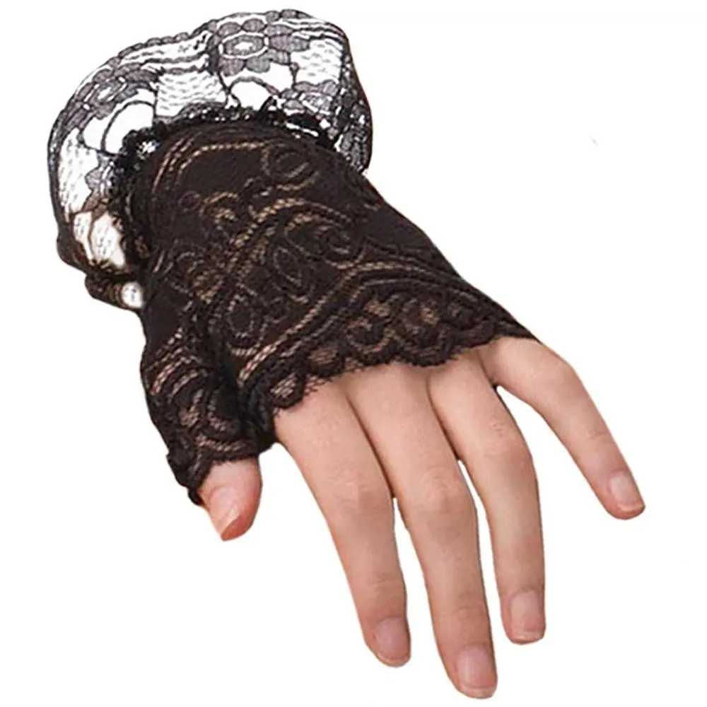 Steampunk Ruffled Black Lace Gloves