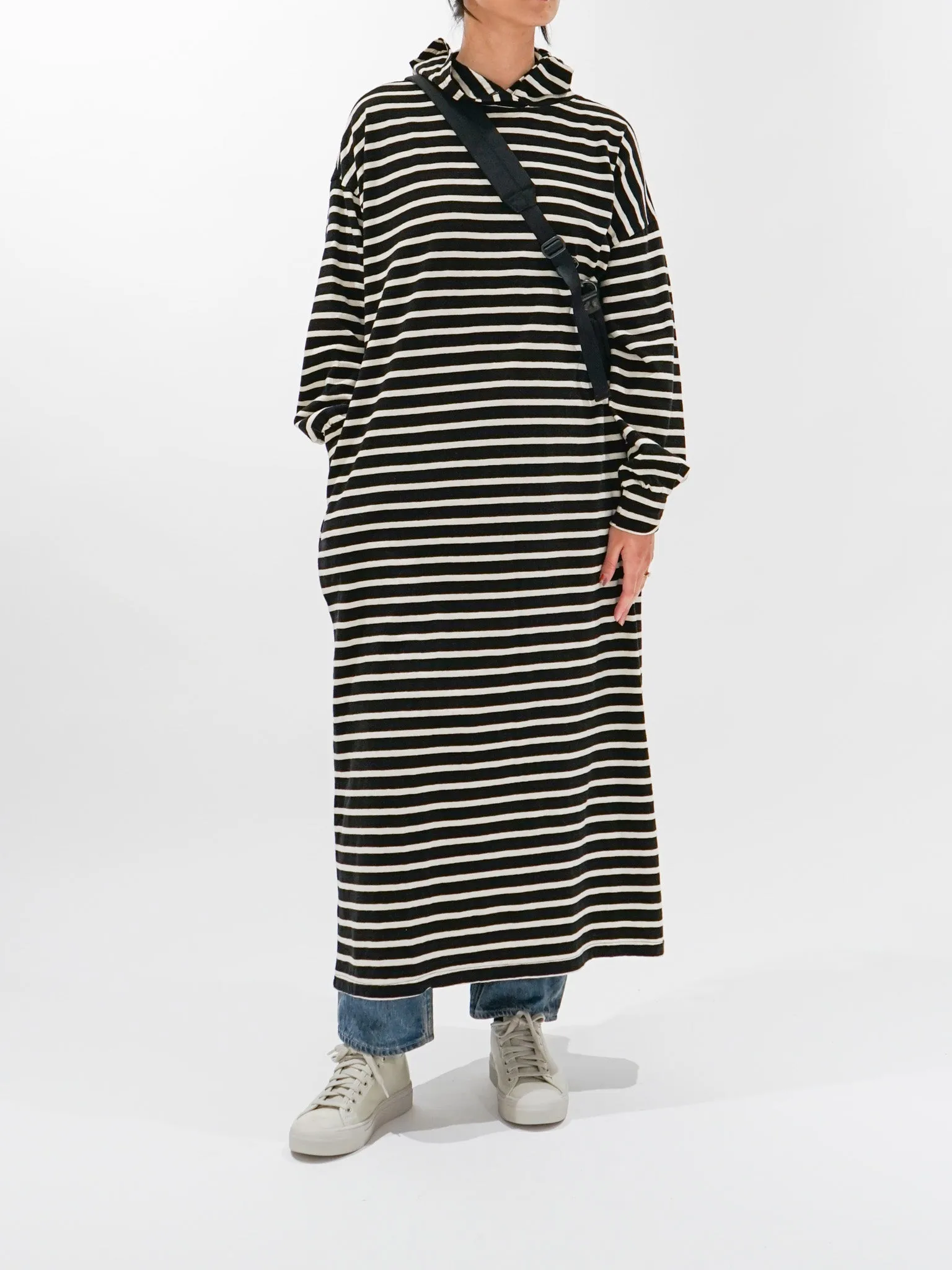 Striped Hoodie Dress - Black x Natural