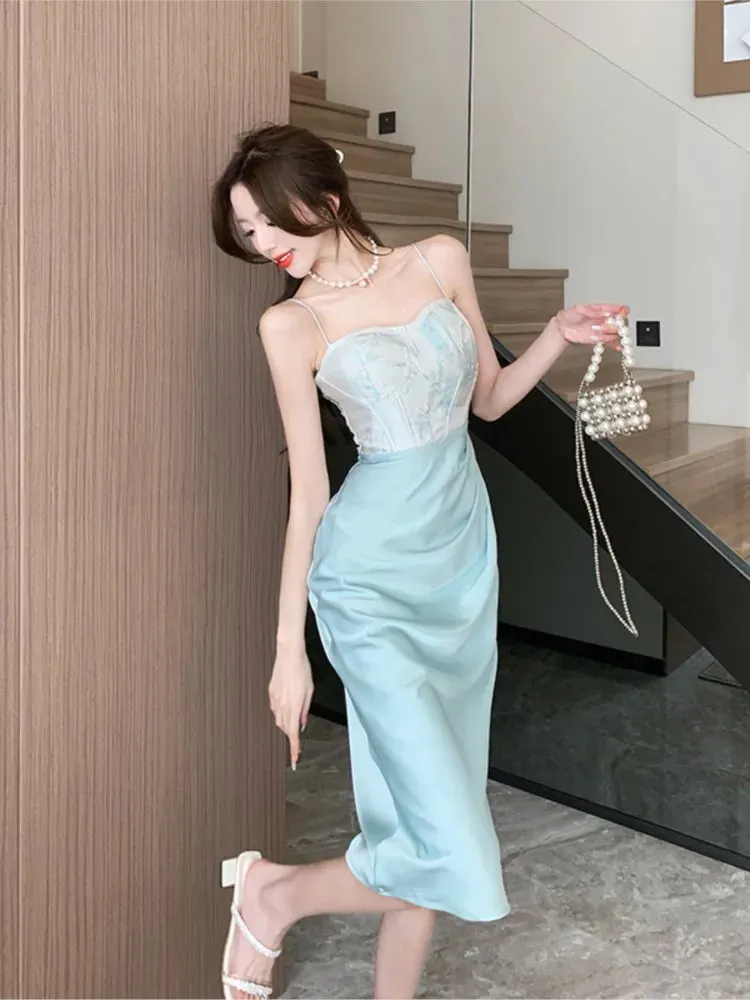 Summer Fashion Elegant Backless Print Slip Dress Female Long Sexy Evening Party Vacation Pleated Dresses Chic Boho Vintage