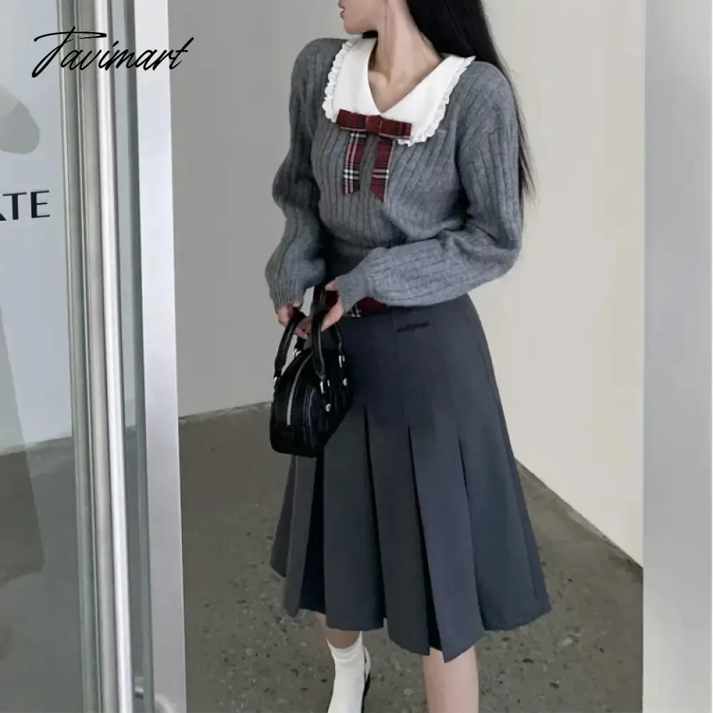 TAVIMART 2024 Spring New Korean Contrast Color Patchwork Bow Loose Casual Long Sleeve Sweater Women   Pleated A-line Skirt Two-piece Suit