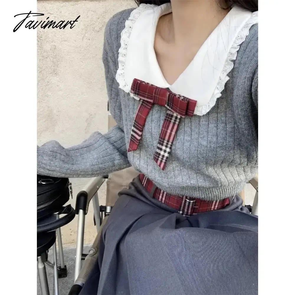 TAVIMART 2024 Spring New Korean Contrast Color Patchwork Bow Loose Casual Long Sleeve Sweater Women   Pleated A-line Skirt Two-piece Suit