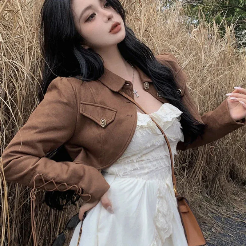 Territory 2024 Autumn New Korean Lace Splicing Irregular Sexy Solid Color Sling Dress Women   Casual Long-sleeved Jacket Two-piece Suit