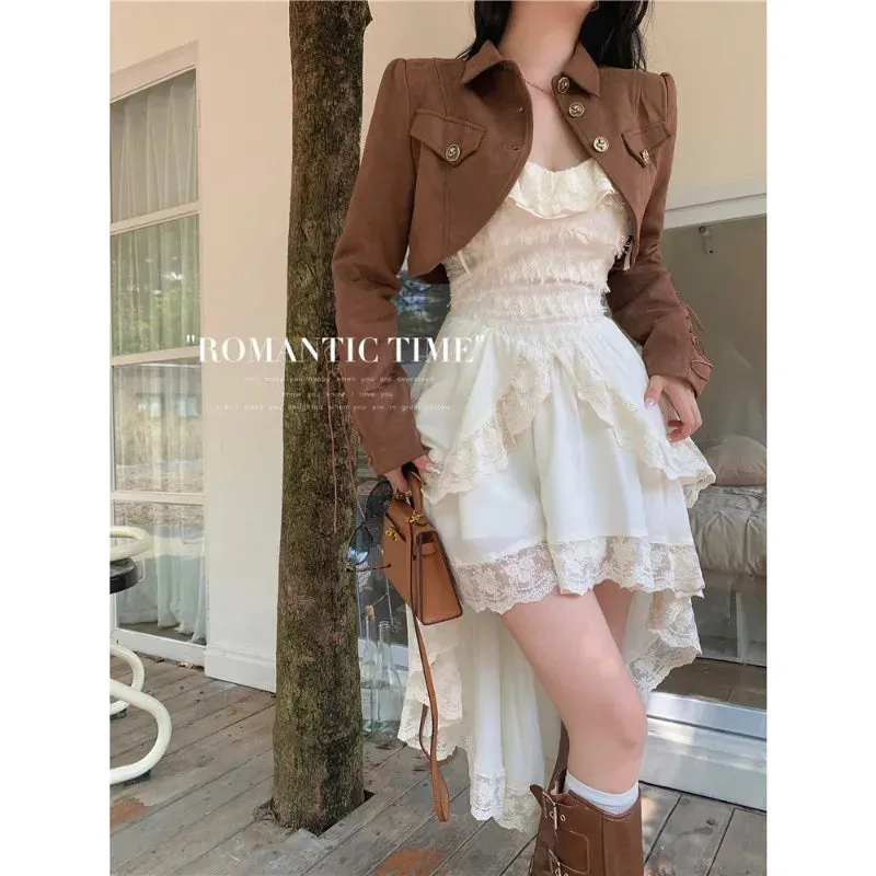 Territory 2024 Autumn New Korean Lace Splicing Irregular Sexy Solid Color Sling Dress Women   Casual Long-sleeved Jacket Two-piece Suit