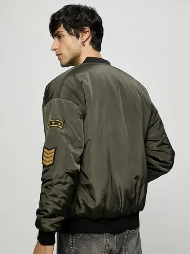 The Souled Store Bomber Jacket: Souled Army Men and Boys Long Sleeves Band Collar Zipper Front Olive Embroidered Polyester Oversized Puffer Jackets