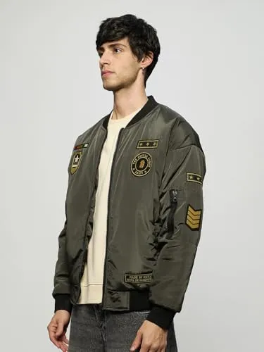 The Souled Store Bomber Jacket: Souled Army Men and Boys Long Sleeves Band Collar Zipper Front Olive Embroidered Polyester Oversized Puffer Jackets