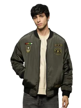 The Souled Store Bomber Jacket: Souled Army Men and Boys Long Sleeves Band Collar Zipper Front Olive Embroidered Polyester Oversized Puffer Jackets