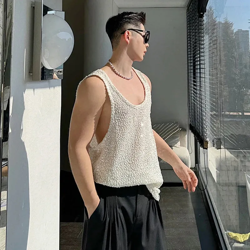 Thin Tank Top Sleeveless Fine Sparkling Pearl Slice Vest Solid Color 2024 Fashion Summer New Male Clothing Casual 9C5307