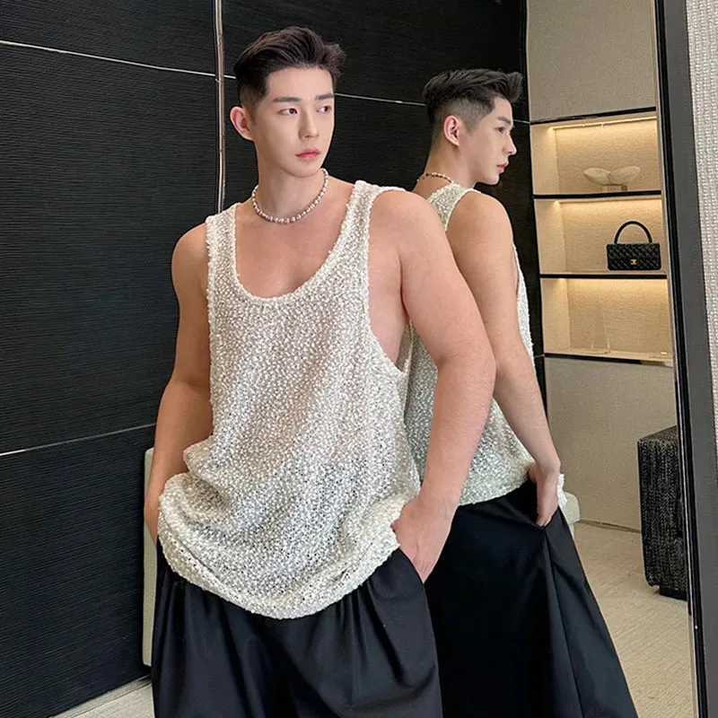 Thin Tank Top Sleeveless Fine Sparkling Pearl Slice Vest Solid Color 2024 Fashion Summer New Male Clothing Casual 9C5307