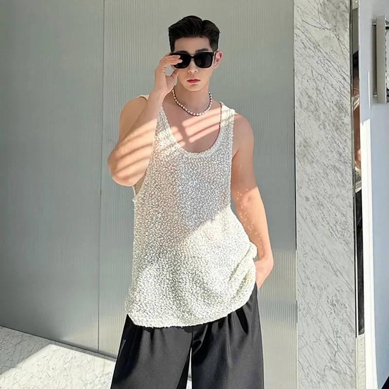 Thin Tank Top Sleeveless Fine Sparkling Pearl Slice Vest Solid Color 2024 Fashion Summer New Male Clothing Casual 9C5307