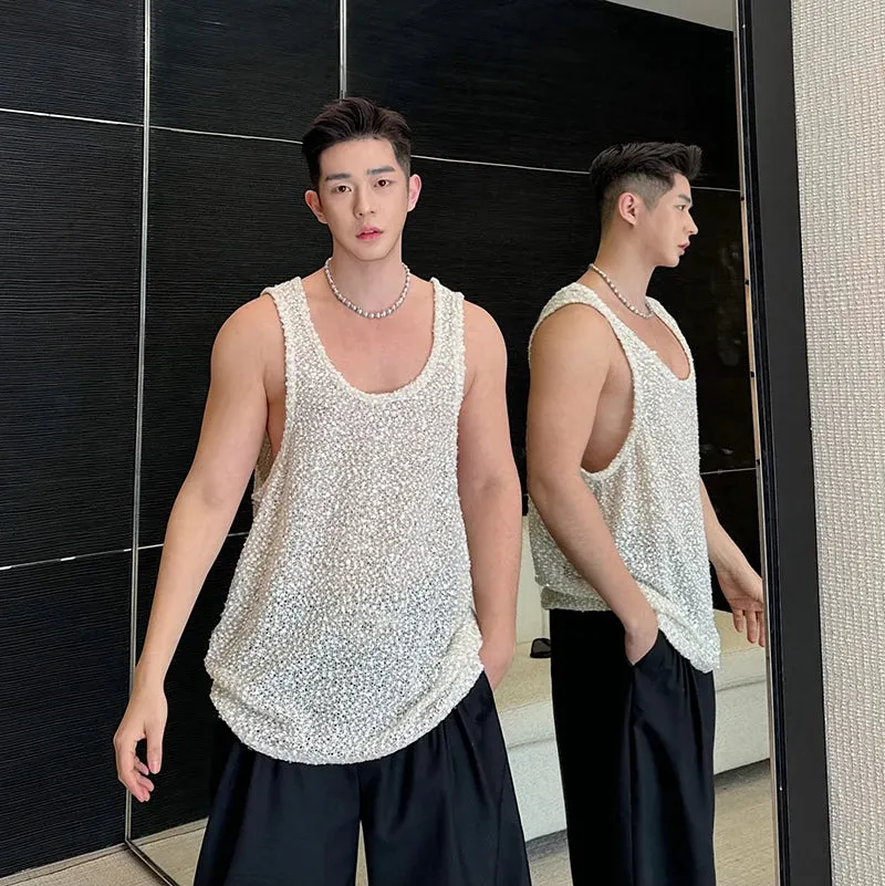 Thin Tank Top Sleeveless Fine Sparkling Pearl Slice Vest Solid Color 2024 Fashion Summer New Male Clothing Casual 9C5307