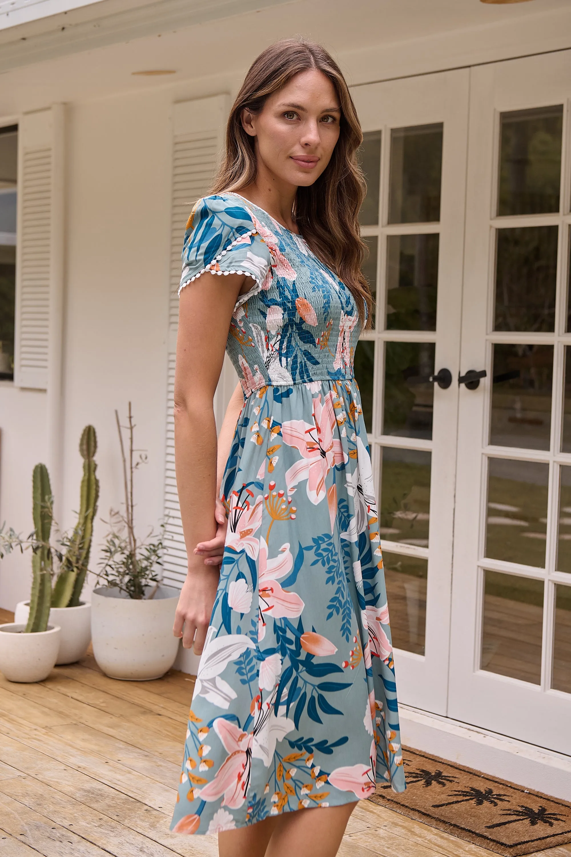 Tonya Sage Floral Print Shirred Midi Dress