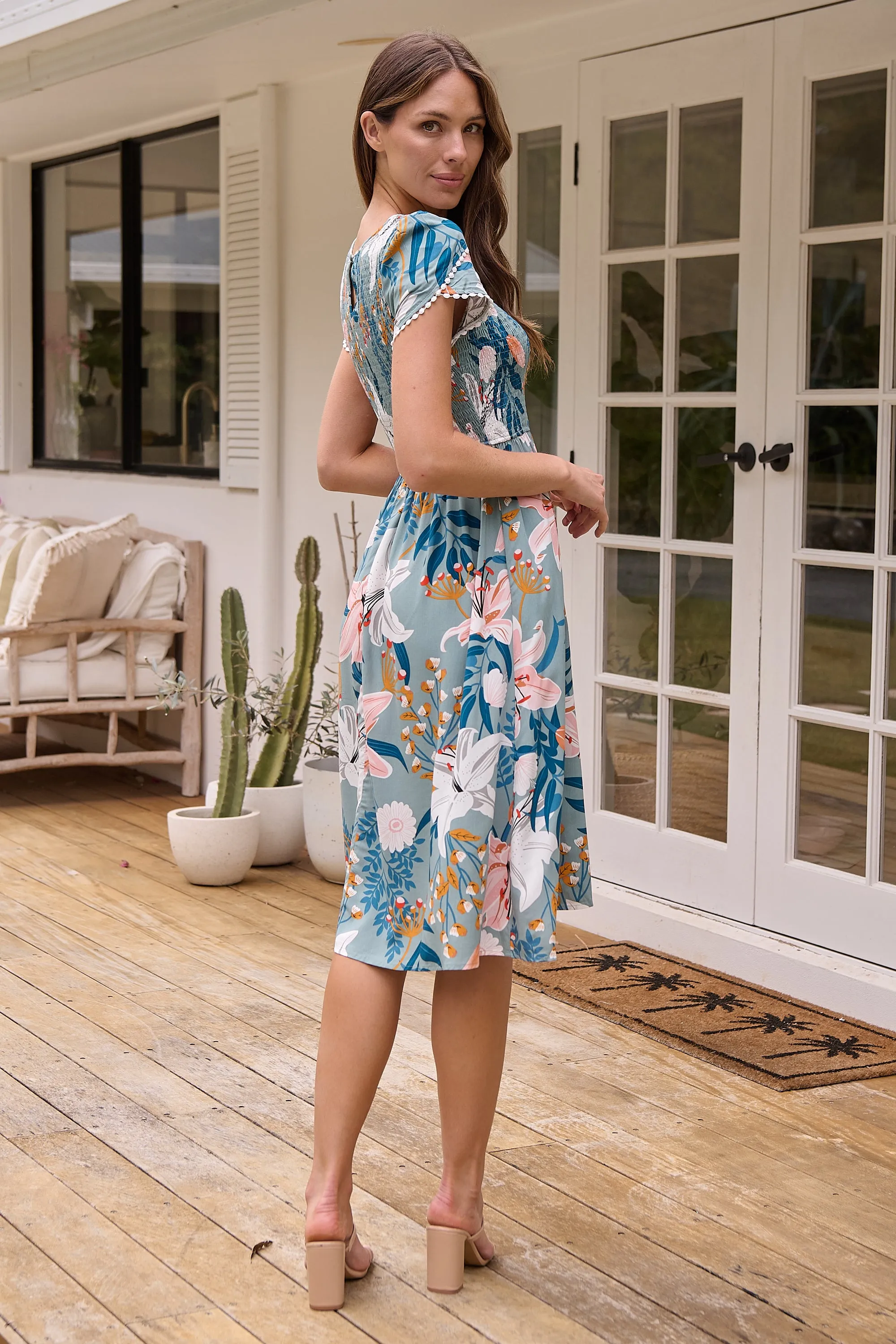 Tonya Sage Floral Print Shirred Midi Dress